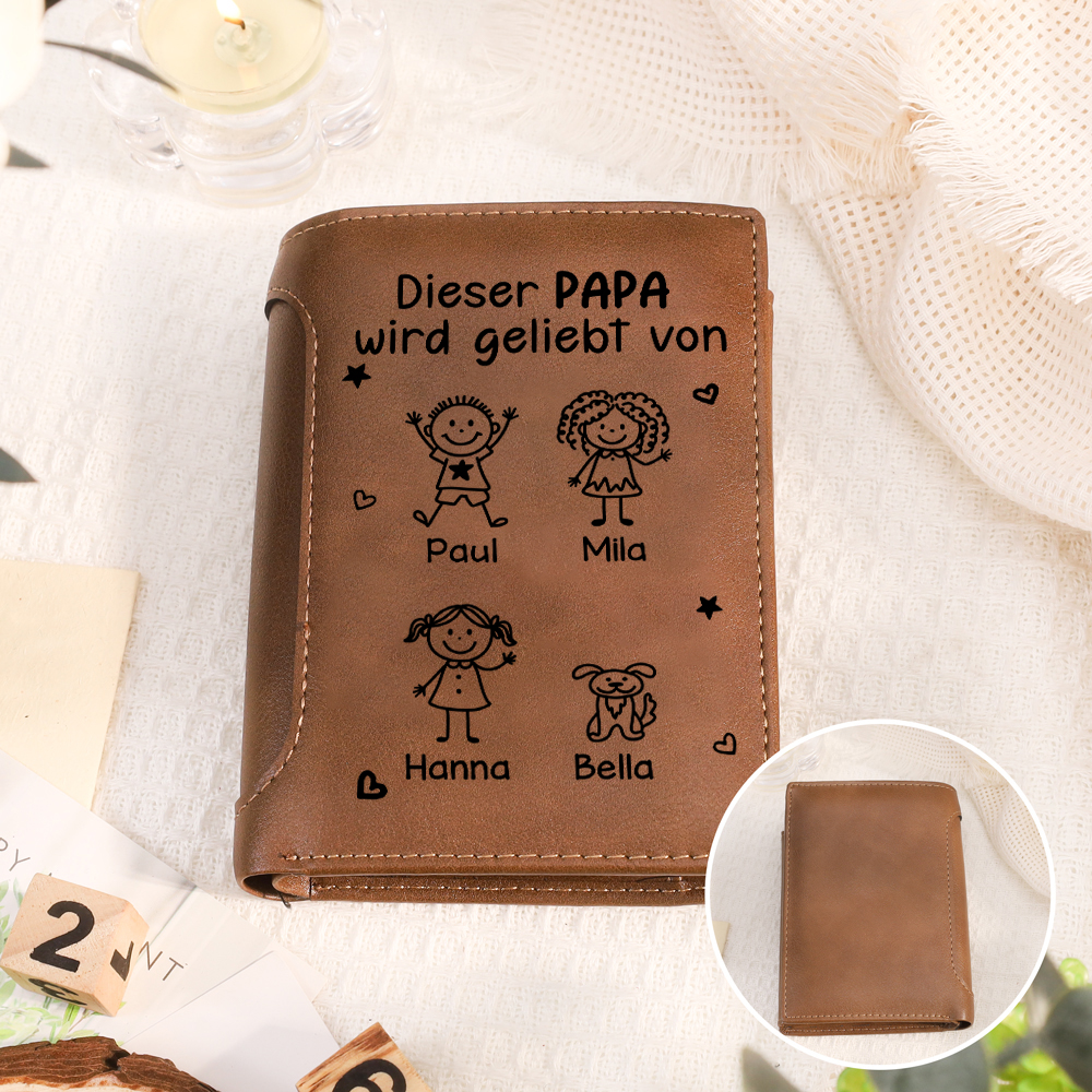 Personalisierte dreifach faltbare Leder-Geldbörse mit 1 bis 6 Kindernamen Geschenk für Papa Opa