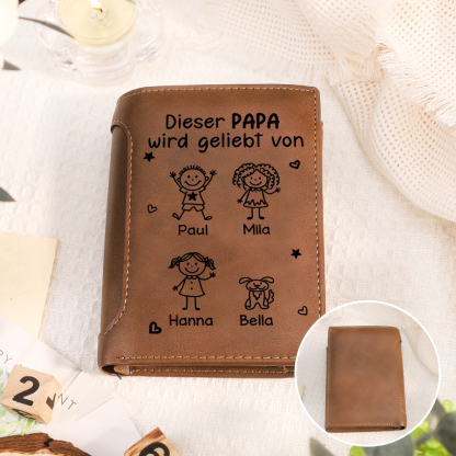 Personalisierte dreifach faltbare Leder-Geldbörse mit 1 bis 6 Kindernamen – persönliches Geschenk für Papa Opa Vatertags- und Geburtstagsgeschenk für Papa, Ehemann, Opa | Kettenmachen