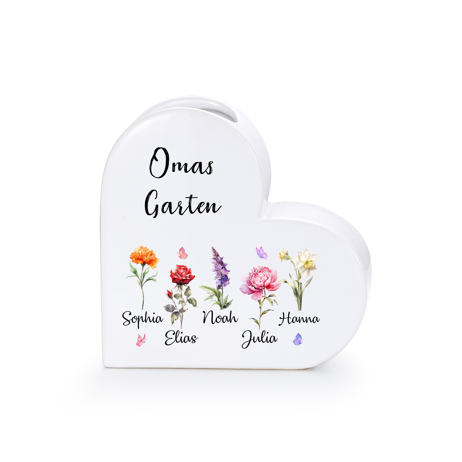 Personalisierte herzförmige Keramikvase „Omas Garten“ mit 1–12 Geburtsblumen und Namen