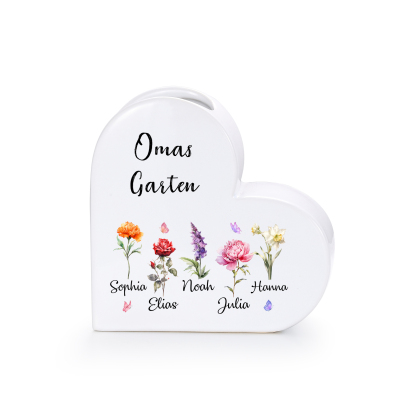 Personalisierte herzförmige Keramikvase „Omas Garten“ mit 1–12 Geburtsblumen und Namen