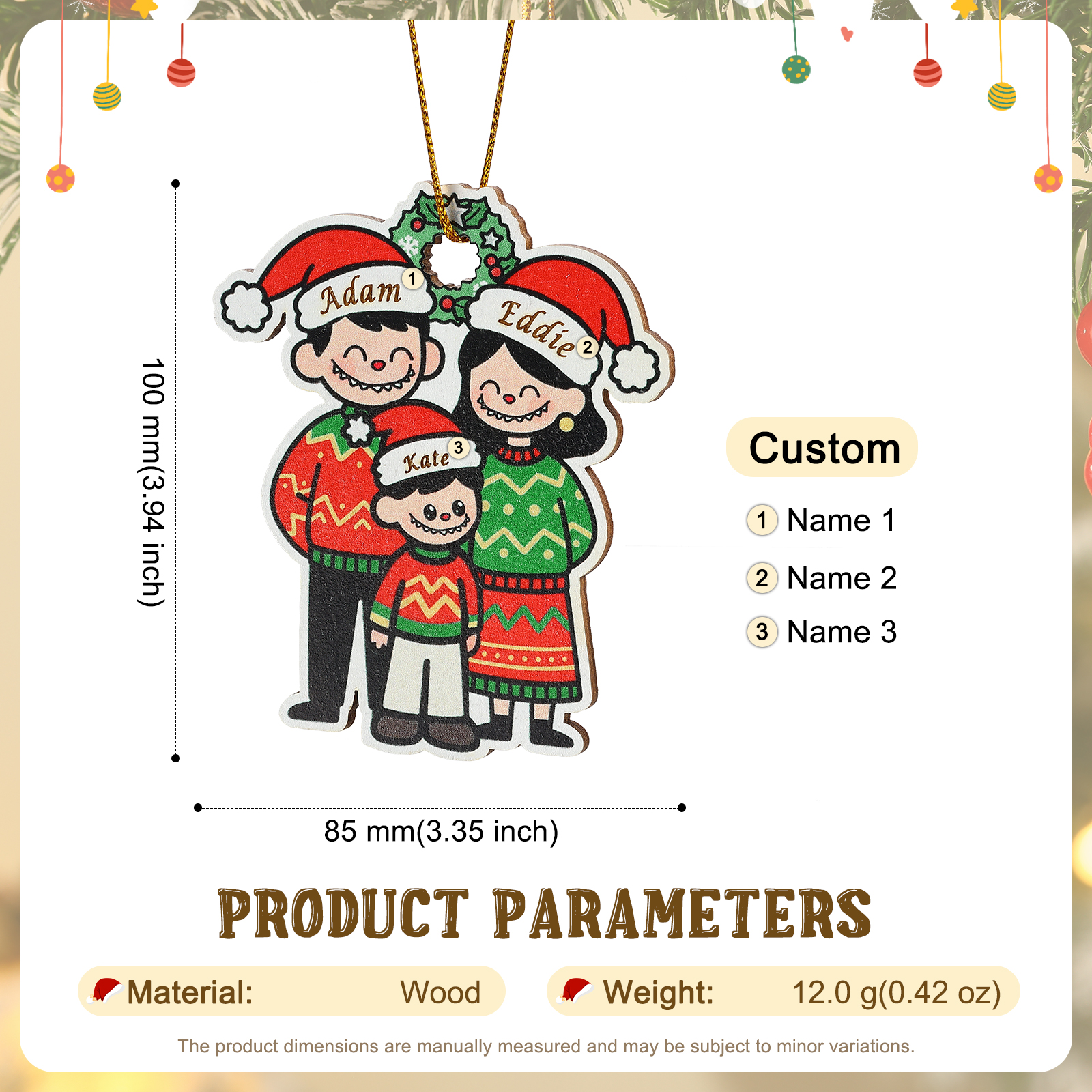 Personalisierter Weihnachtsanhänger aus Holz mit Cartoon-Familie