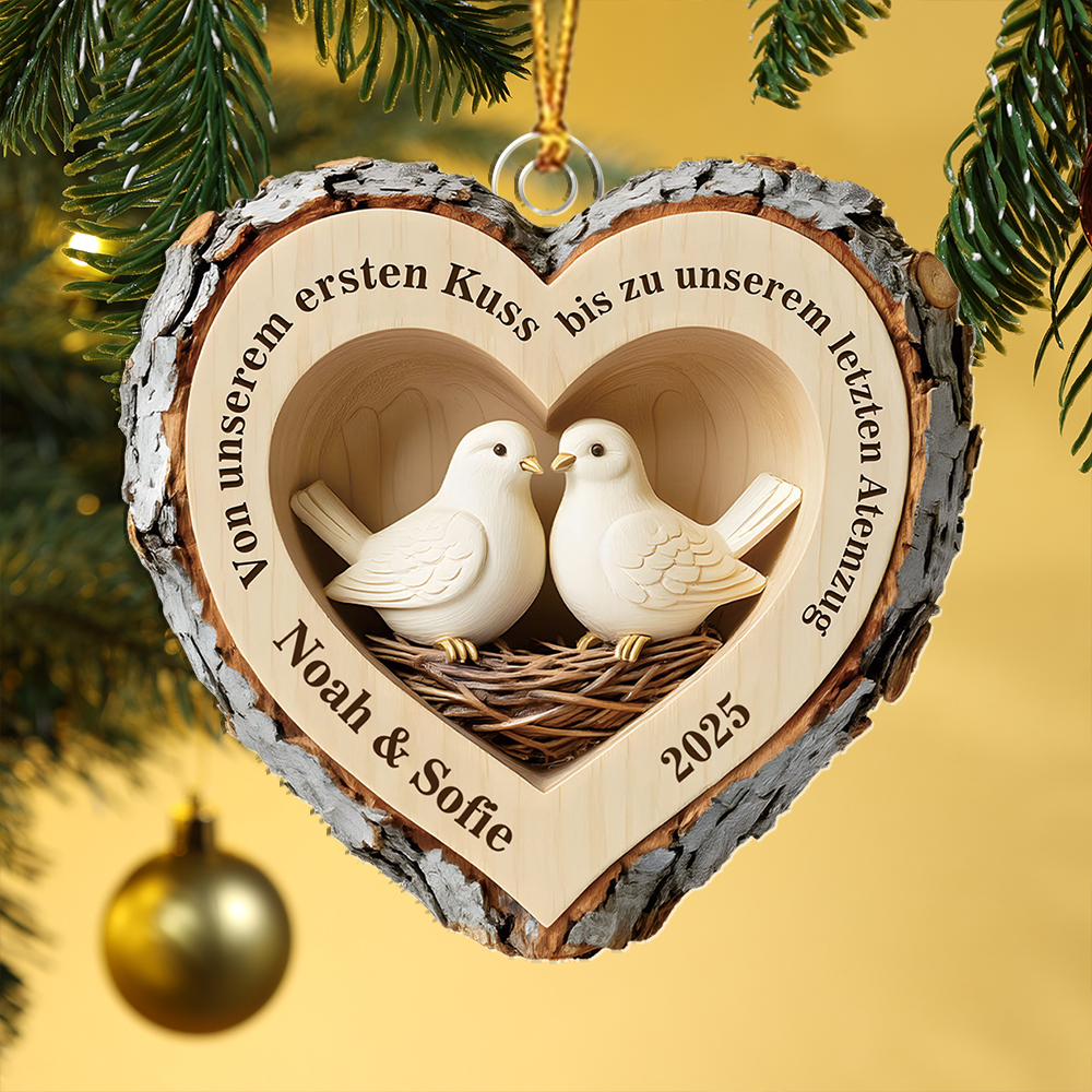 Personalisiert Rustikales Holz-Herz Weihnachtsanhänge mit Tauben und Vogelnester——“Von ersten Kuss bis latzten Atemzug”