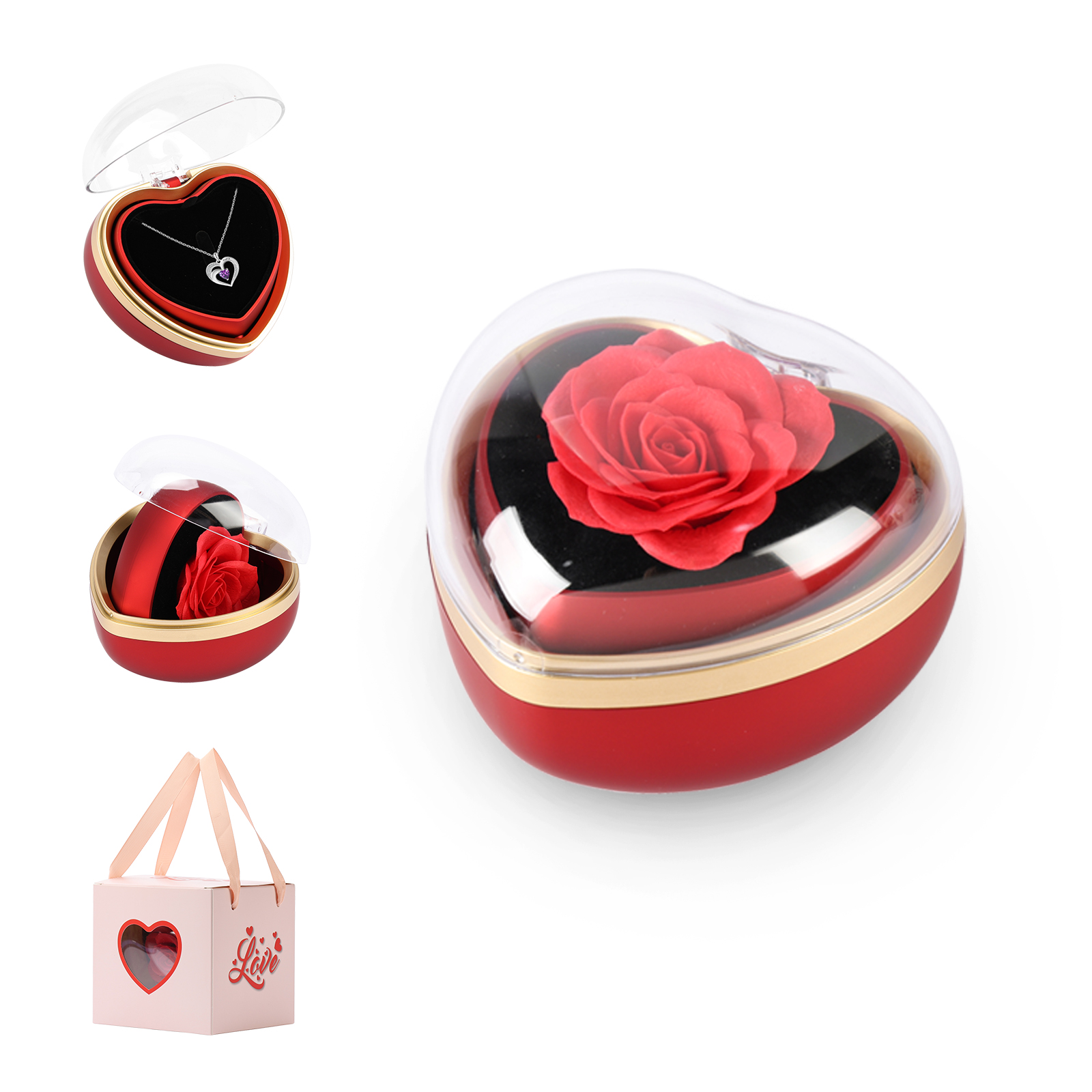 Herzförmiges Schmuckkästchen mit rotierender Rose, transparenter Deckel