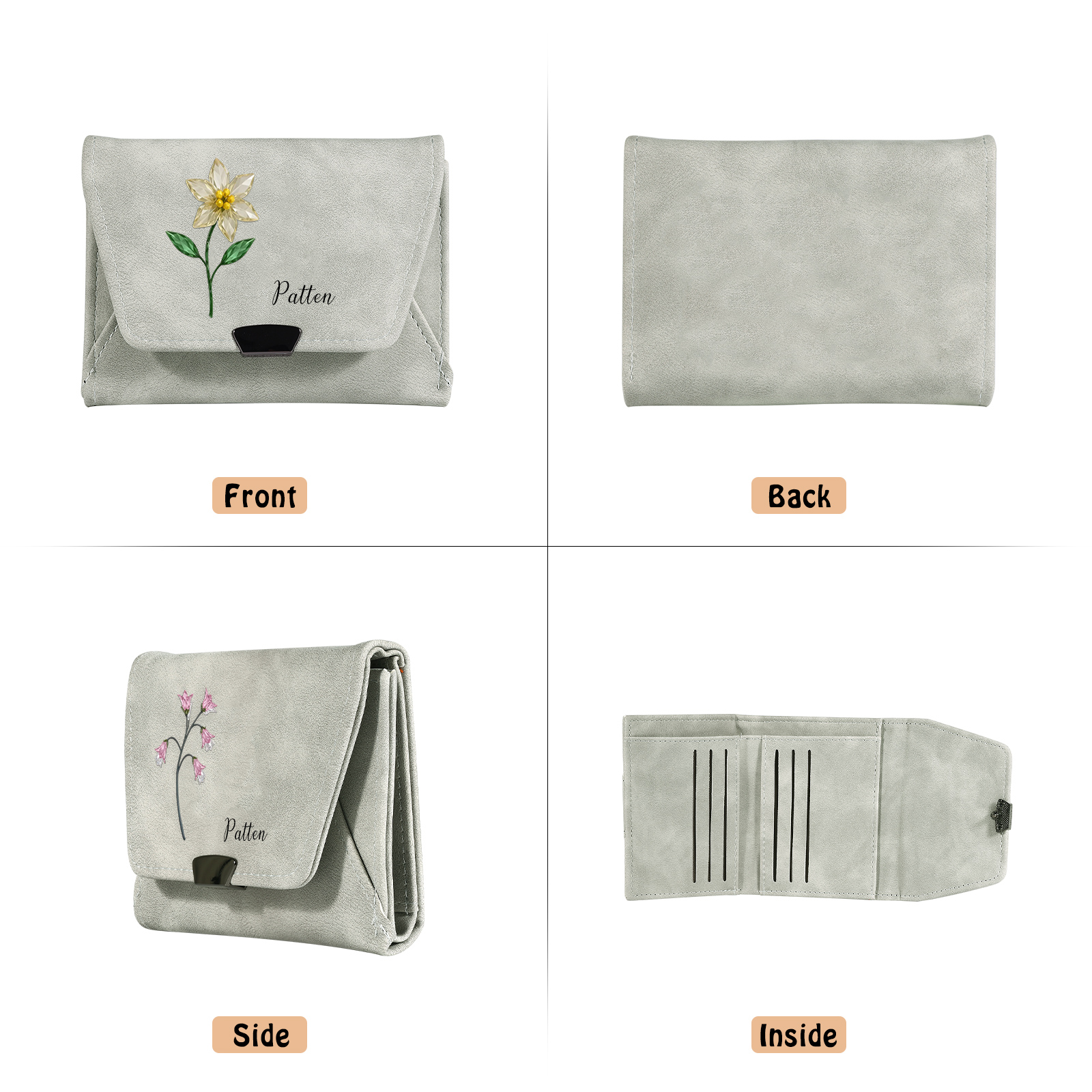 Personalisierte Damen Geldbörse aus Leder mit Geburtsblume und Namen