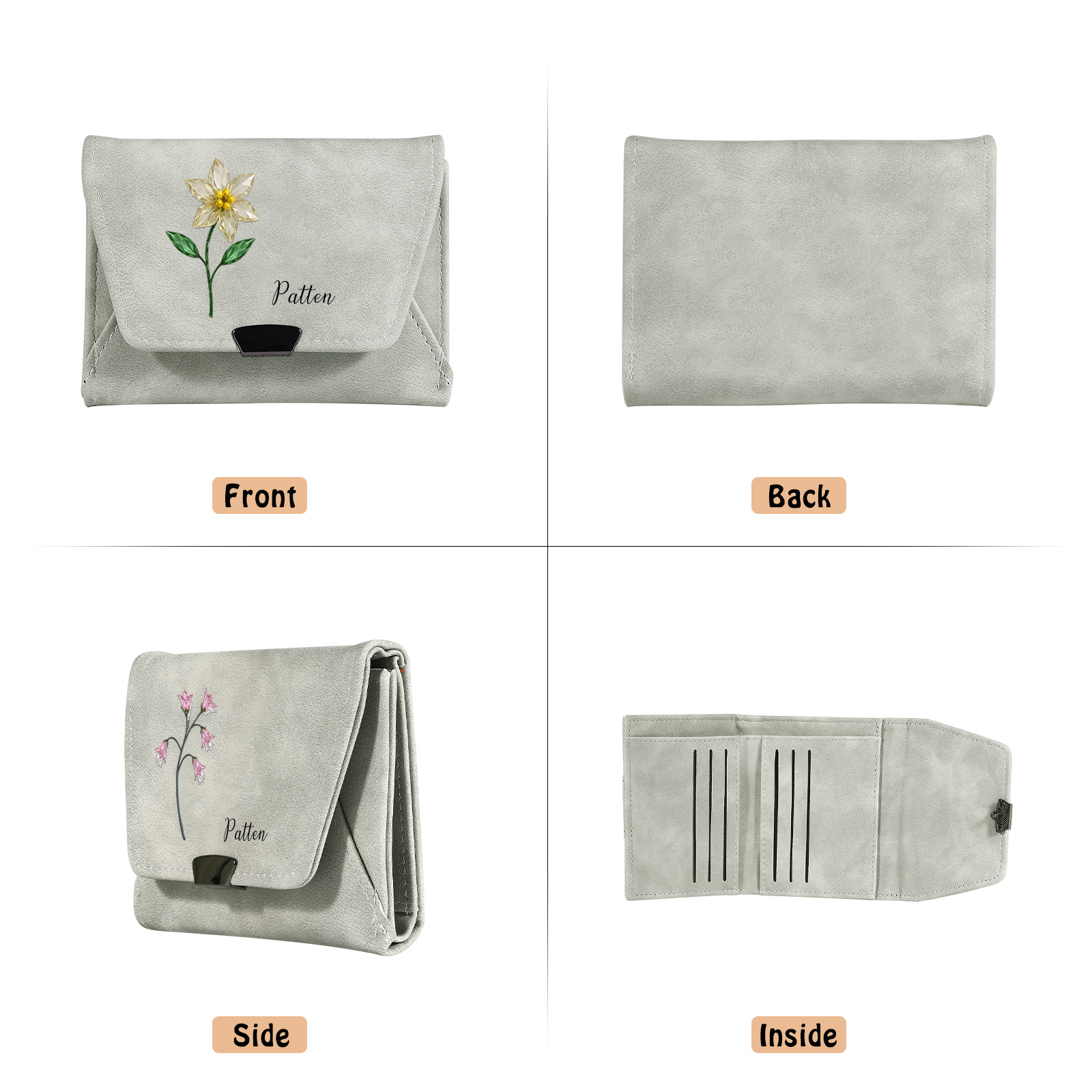 Personalisierte Damen Geldbörse aus Leder mit Geburtsblume und Namen