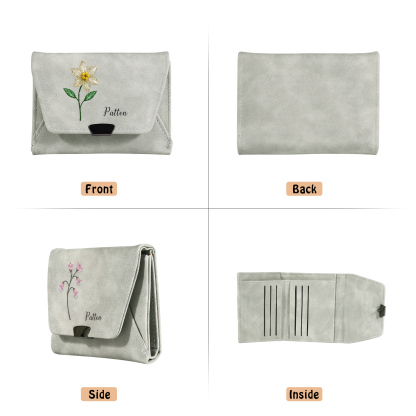 Personalisierte Damen Geldbörse aus Leder mit Geburtsblume und Namen