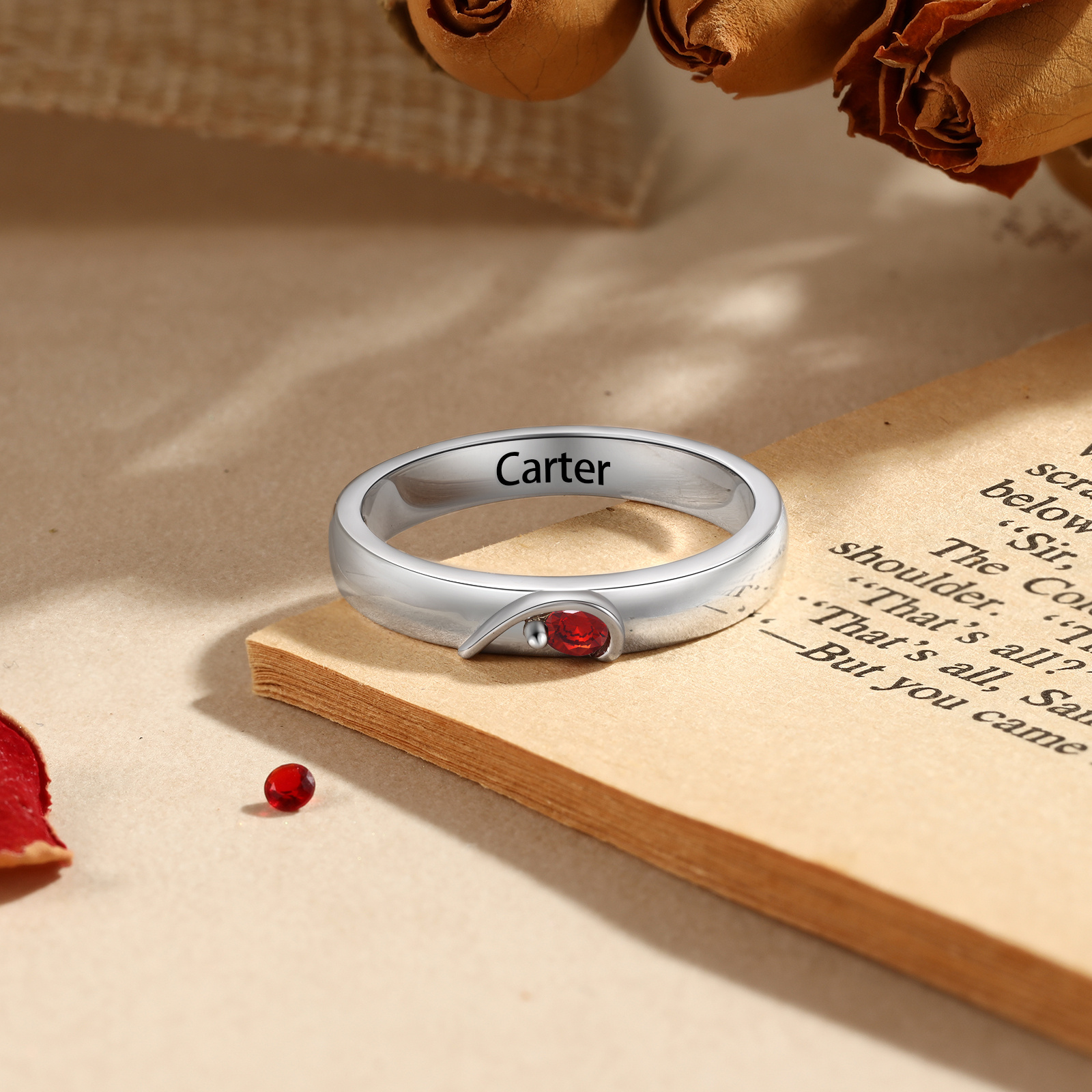 Herz-Partnerring mit 2 Geburtssteinen, graviert mit 2 Namen