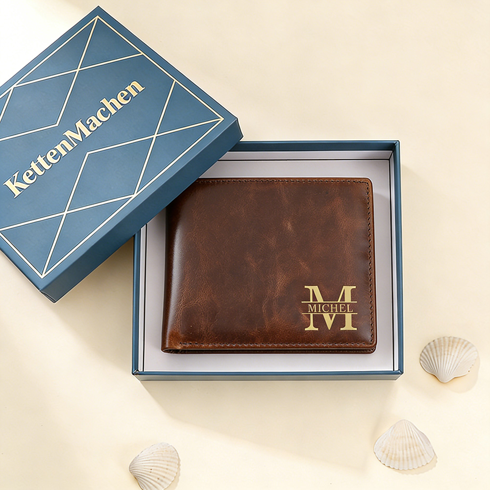 Personalisierte Herren-Geldbörse aus echtem Leder, zweifach klappbar
