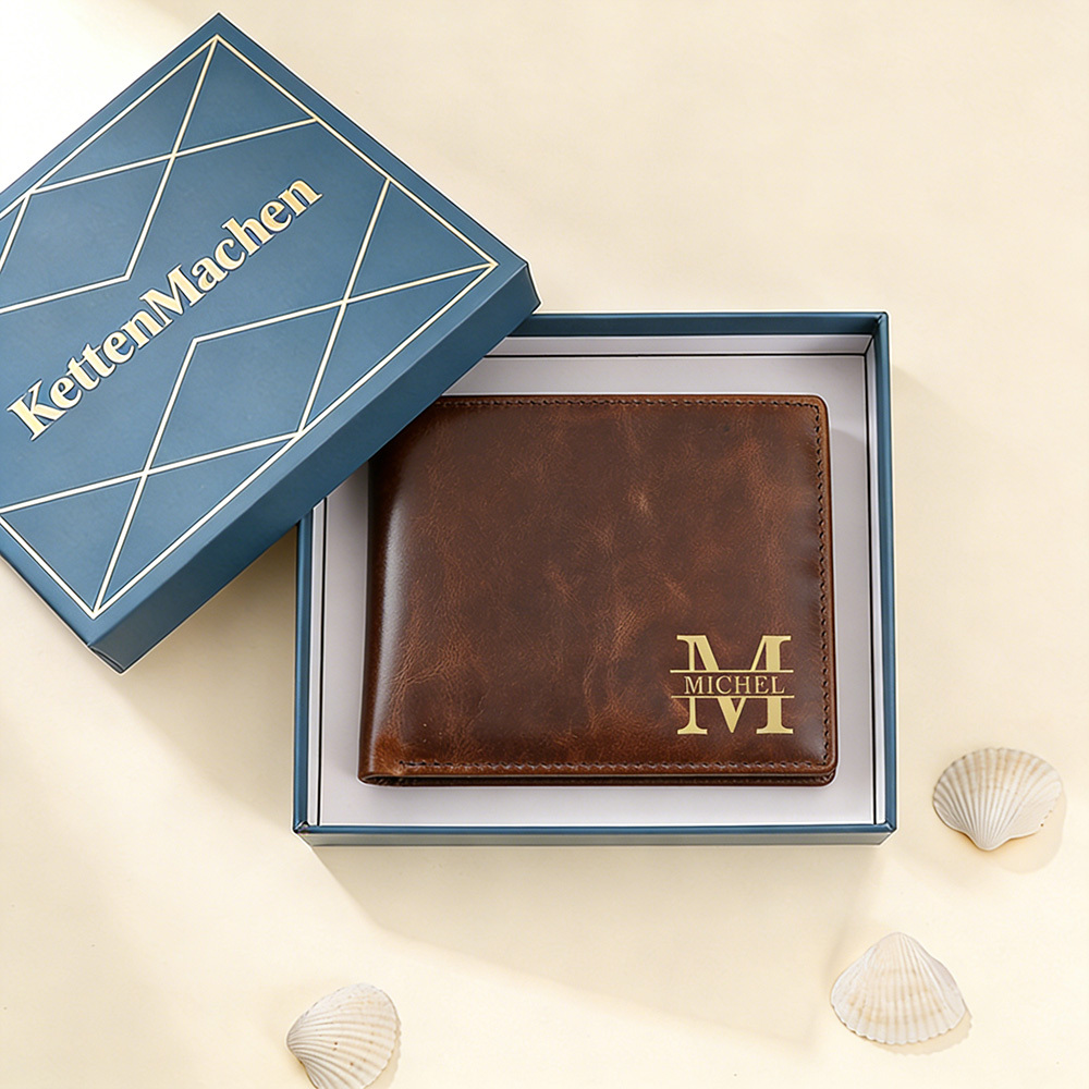 Personalisierte Herren-Geldbörse aus echtem Leder, zweifach klappbar