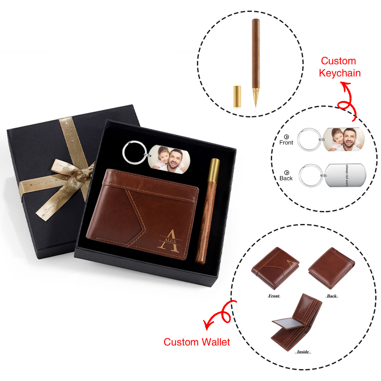 Personalisiertes Geschenkset aus Leder zweifach faltbares Portemonnaie und Schlüsselanhänger