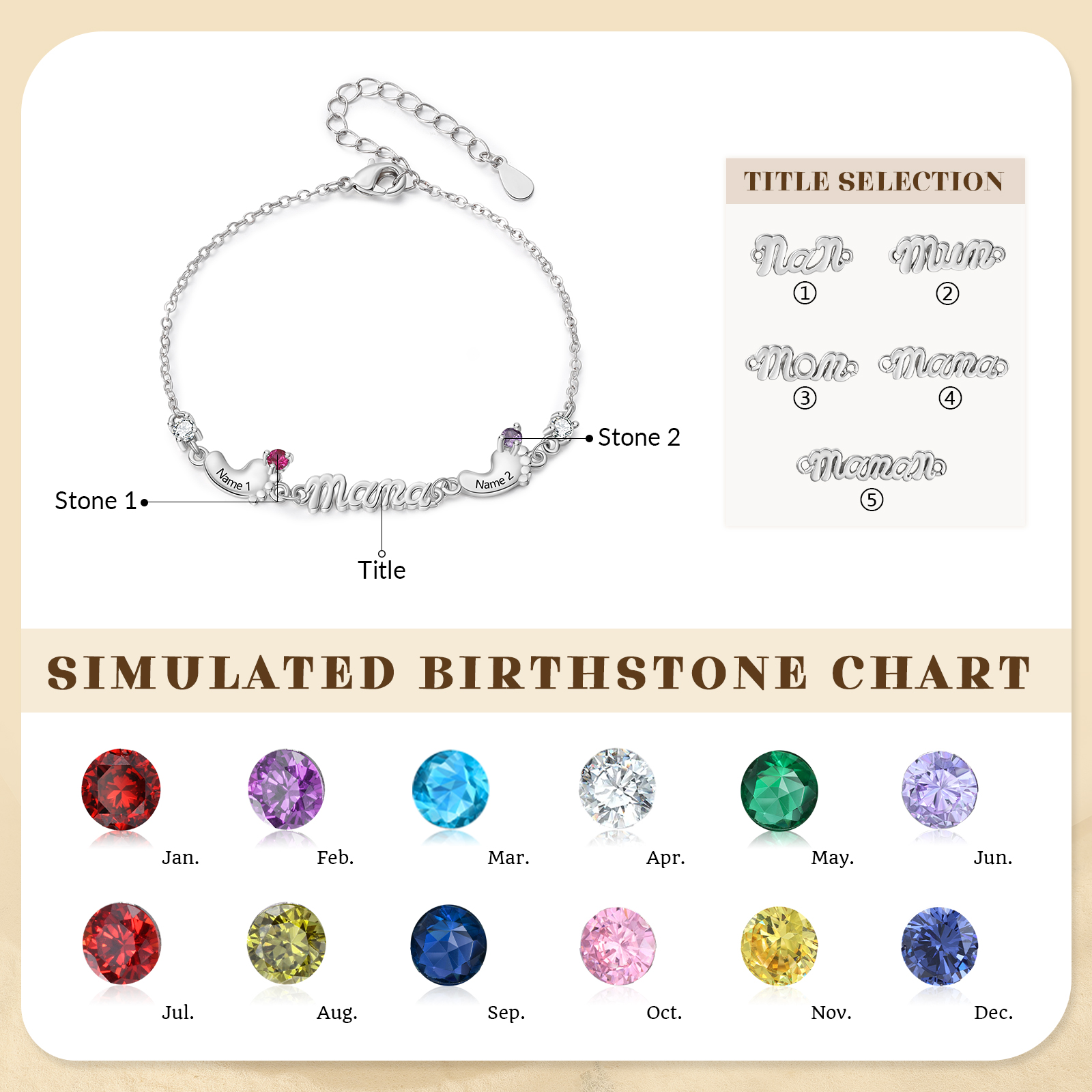 Personalisiertes Mama Armband mit 2–5 Babyfüßen, Namen und Geburtssteinen