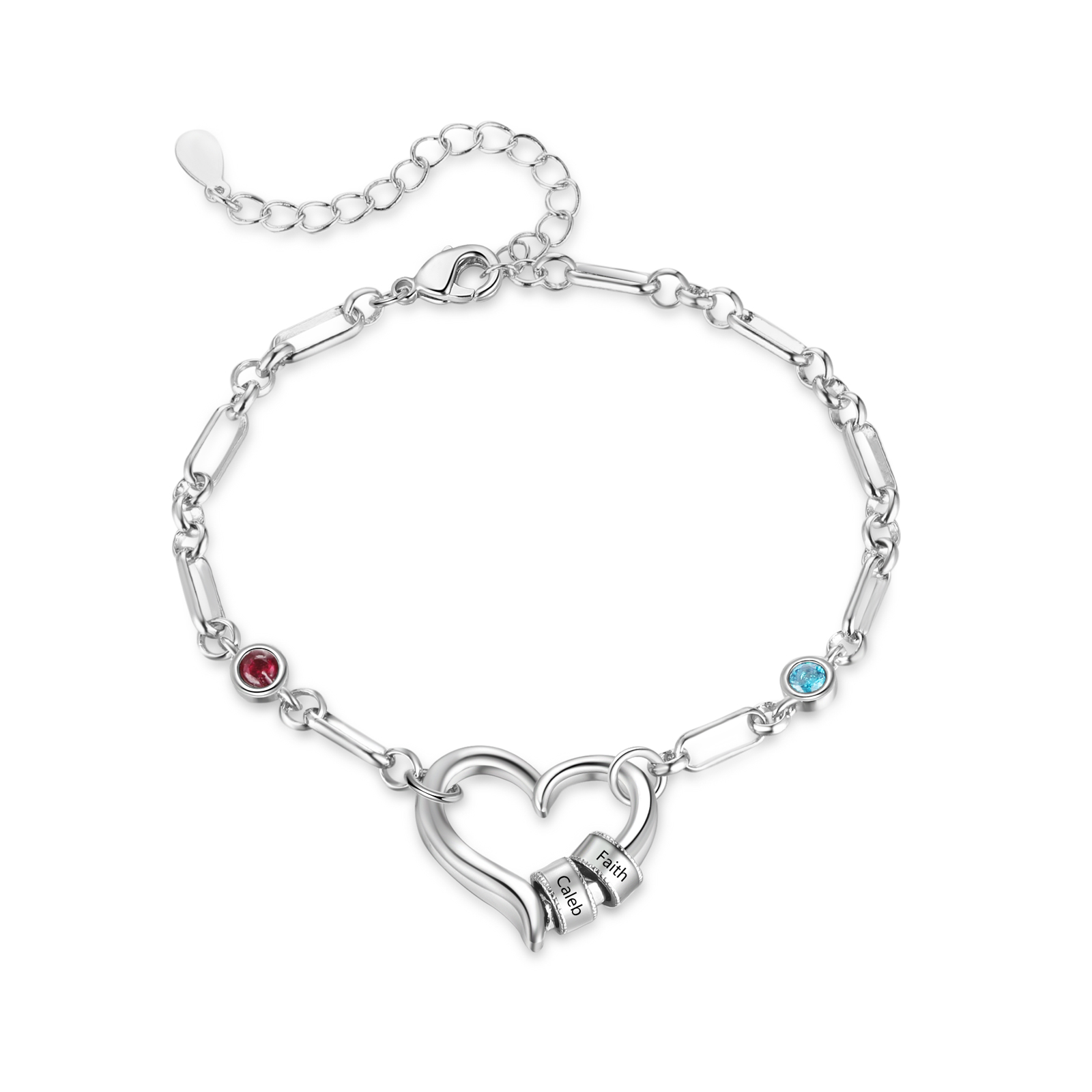 Personalisierbares verstellbares Armband mit Herzgliedern und Geburtsstein