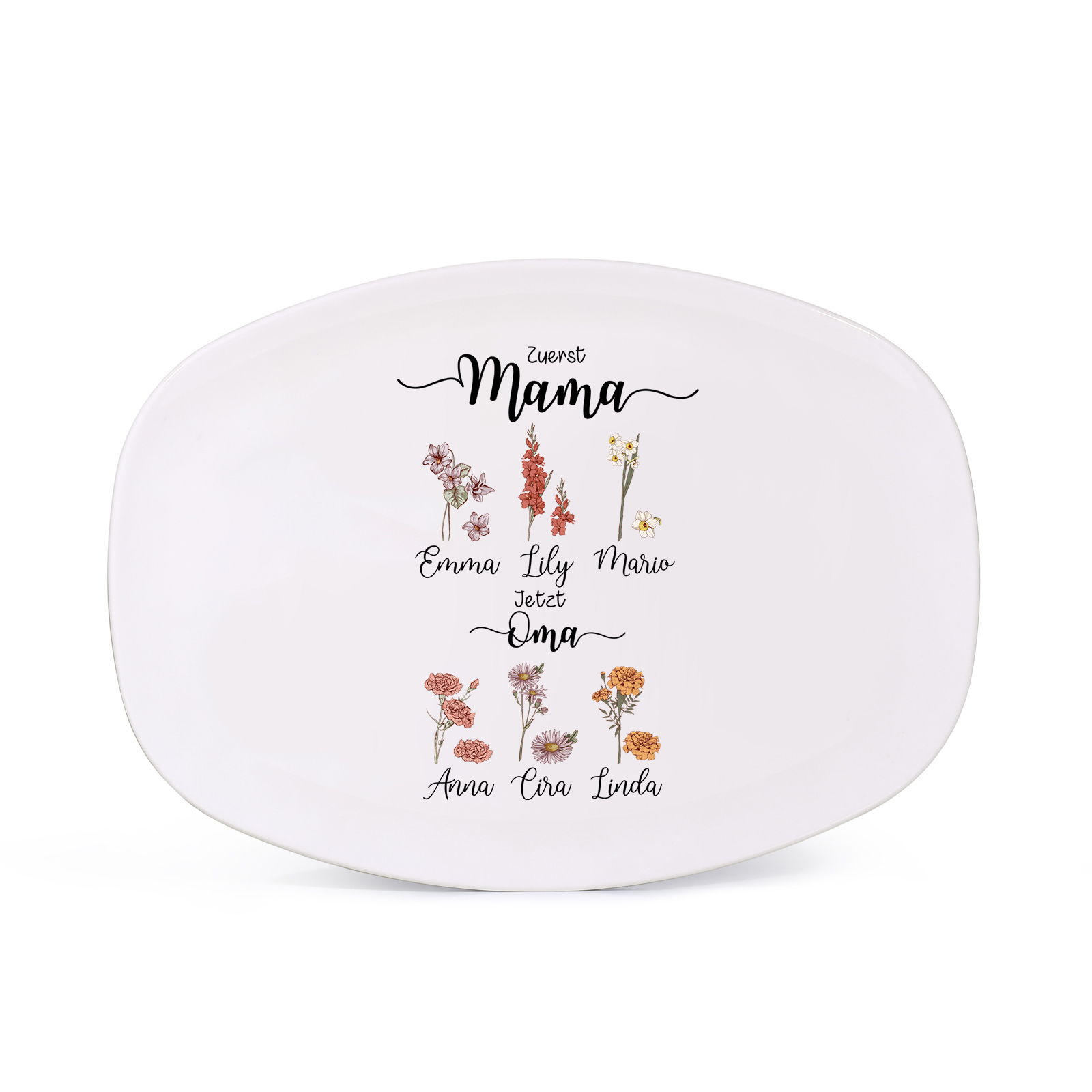 Zuerst Mama, jetzt Oma – Geburtsblumen-Teller für Mama oder Oma – 2 bis 10 Namen | Kettenmachen