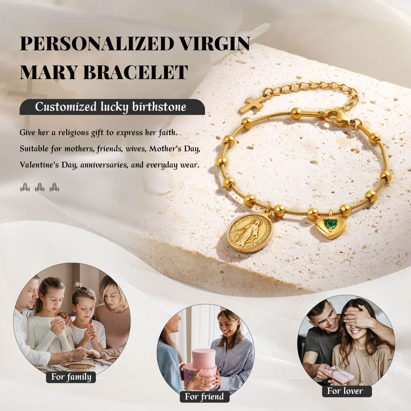 Personalisiertes Goldarmband mit Jungfrau Maria, Geburtsstein und Kreuz