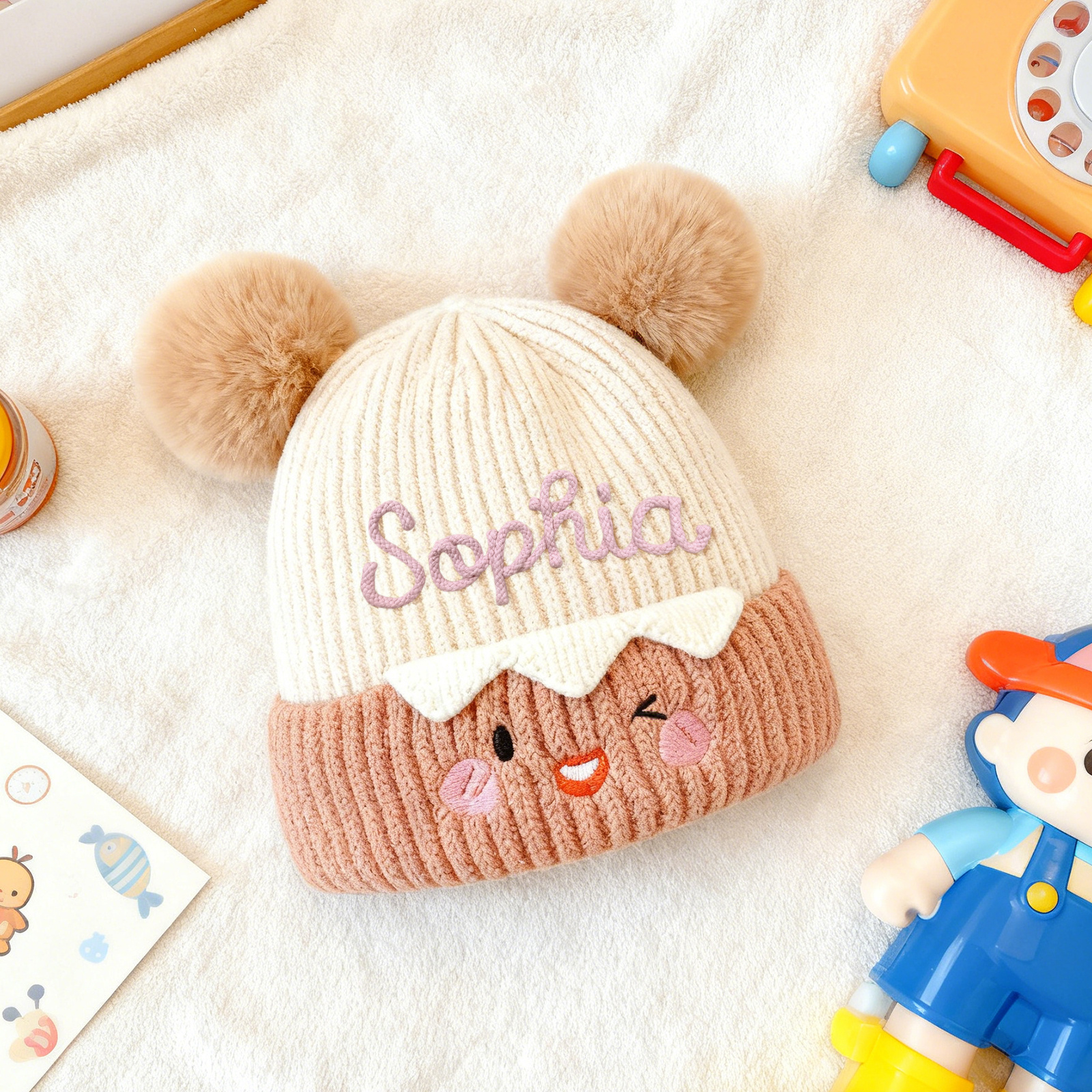Bestickte warme Kinder-Beanie-Strickmütze mit Bommel und Wunschnamen