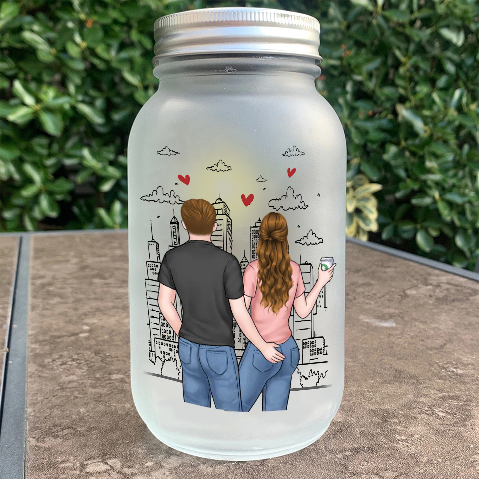 Personalisierte LED-Solar-Glaslampe im Einmachglas mit romantischem Stadtmotiv und zwei Namen