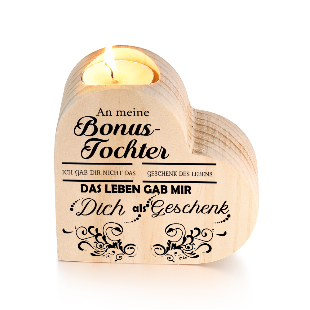 Herzförmiger Kerzenhalter aus Holz für meine Bonustochter