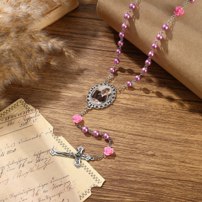 Personalisierter Rosenkranz mit Foto, Kreuz und Perlen religiöses Andenken