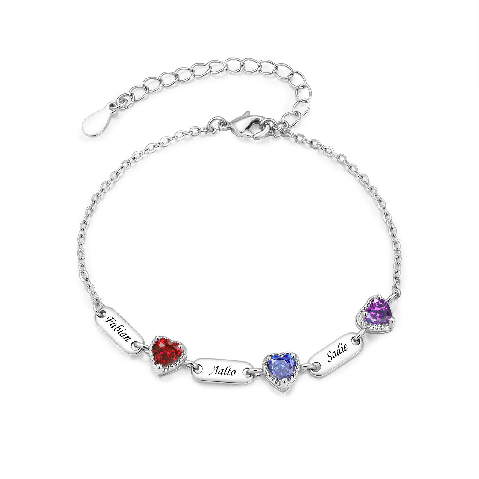 Personalisiertes Armband mit 1 bis 6 Namen und herzförmigen Geburtssteinen