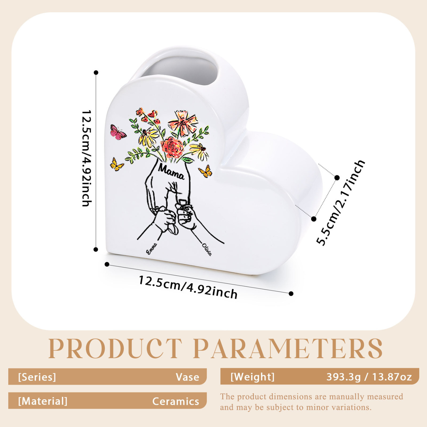 Personalisierte Herzvase aus Keramik mit Wunschtext und 2–8 Kindernamen