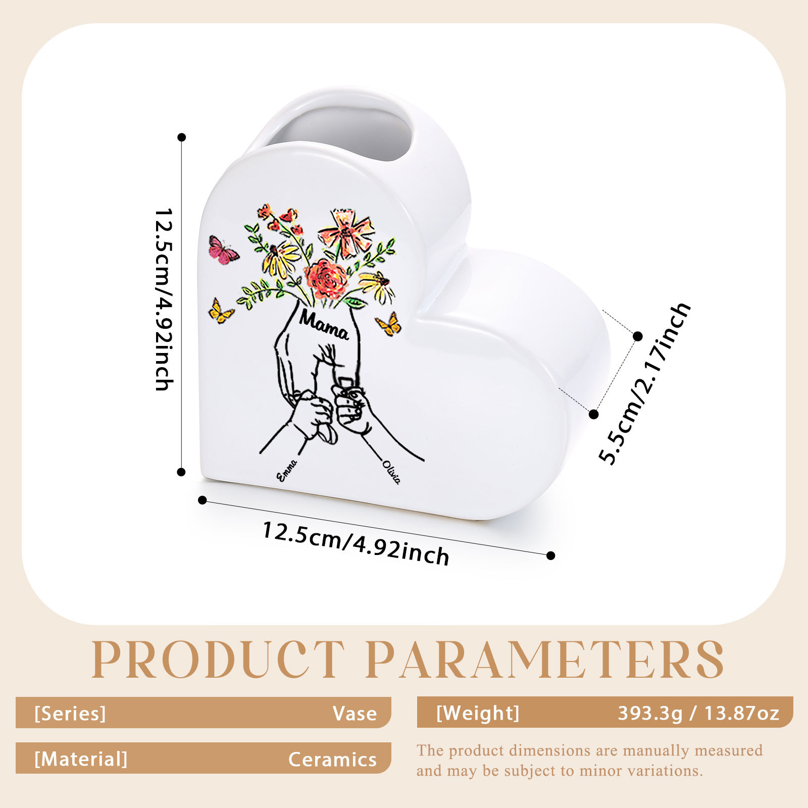 Personalisierte Herzvase aus Keramik mit Wunschtext und 2–8 Kindernamen