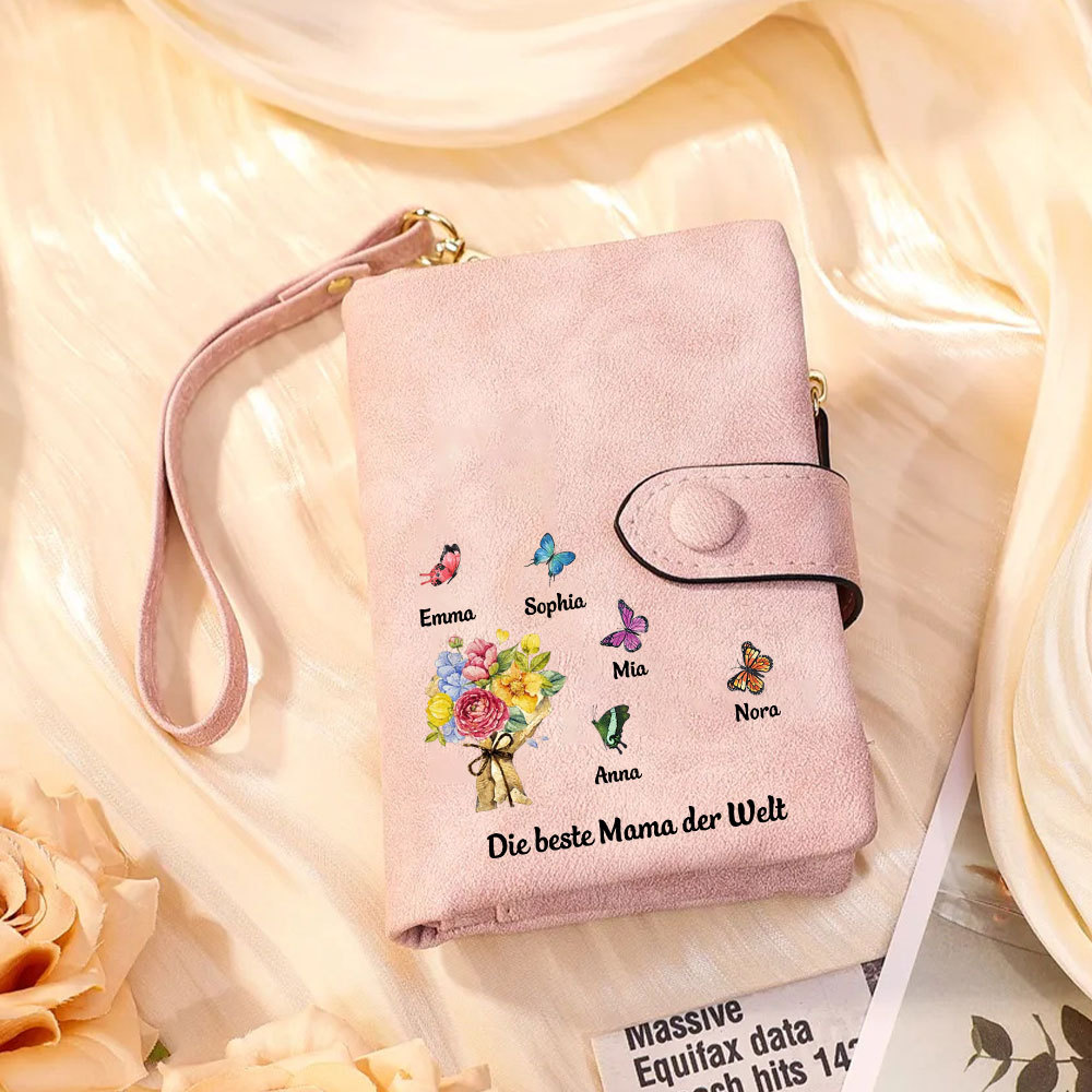 Damen Personalisierte 1-6 Namen & Text Blumen & Schmetterling PU Leder Geldbörse für Mama