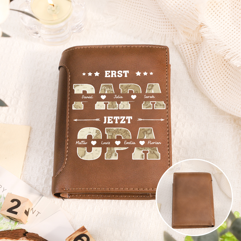 Personalisierte Leder-Geldbörse mit Landkartenmotiv individuell mit 2–10 Namen Geschenk für Papa Opa Vatertags- und Geburtstagsgeschenk für Vater und Großvater | Jessemade