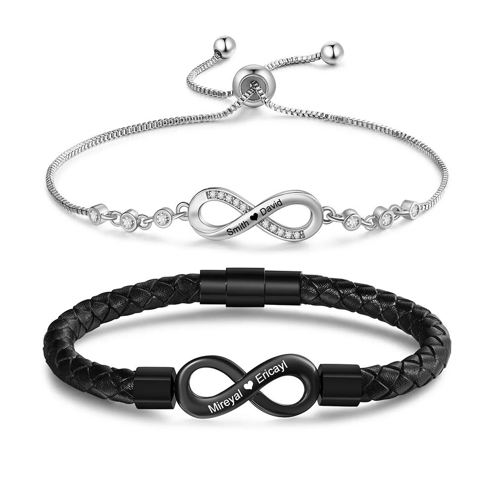 Personalisierbar infinity paare Lederarmband, schwarz und weiß — "Grenzenlose Liebe"