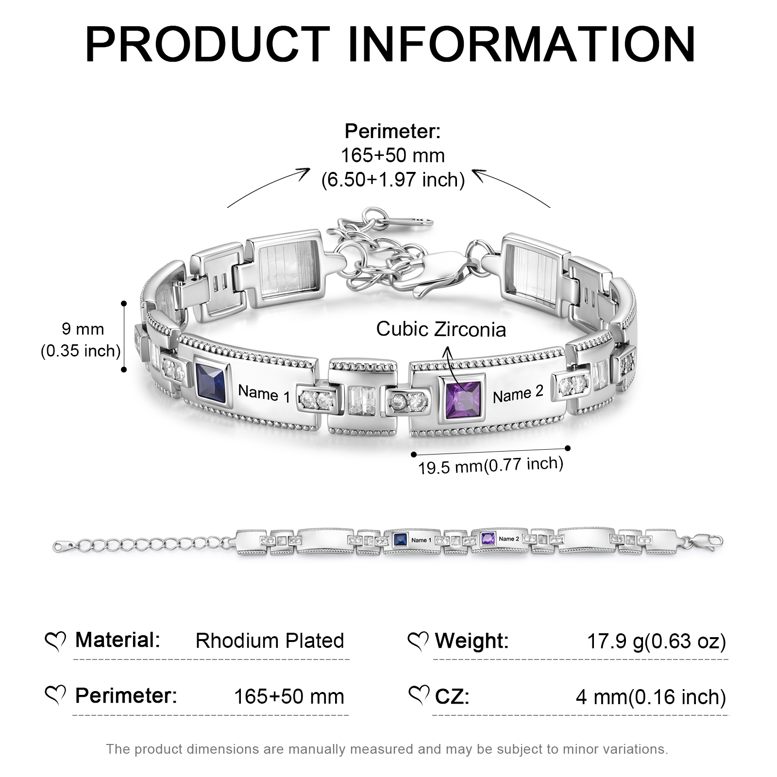 Personalisiertes Gliederarmband mit 2 bis 5 Namen und Geburtssteinen mit quadratischem Anhänger