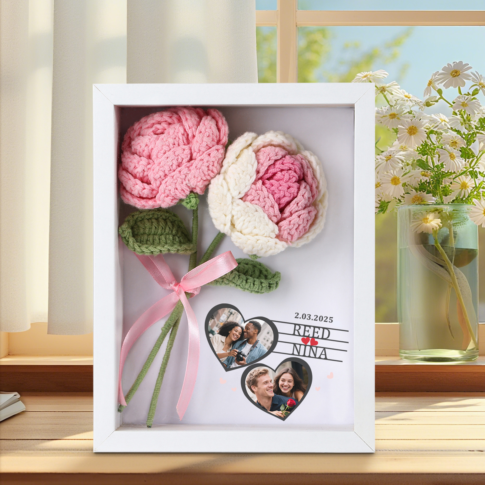 Personalisierter Foto-Tiefenrahmen mit Häkelrose