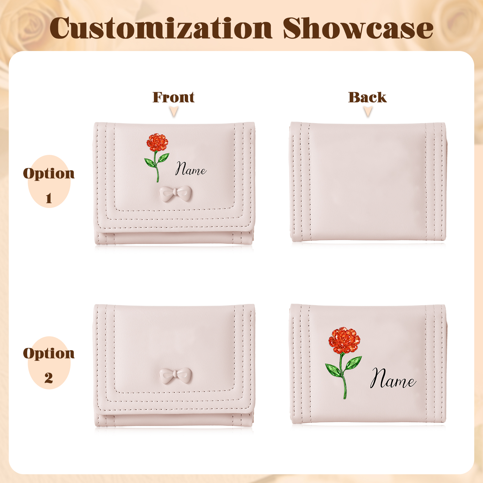 Personalisierte Damen-Geldbörse aus Leder mit Geburtsblumen-Motiv und Schleife