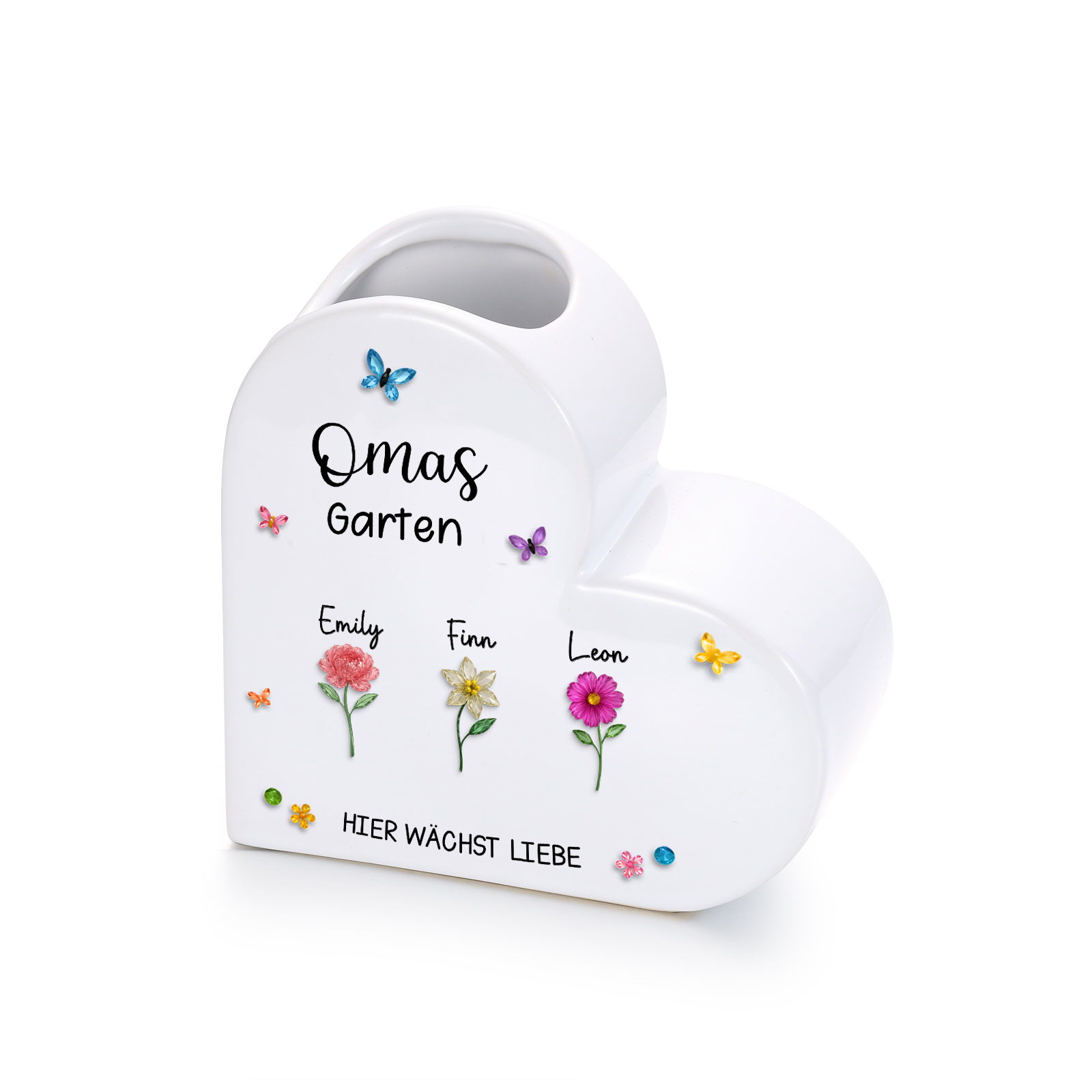 Personalisierte Keramikvase mit Herzmotiv, 1–10 Vornamen und Geburtsblumen Familiengeschenk für Mama oder Oma