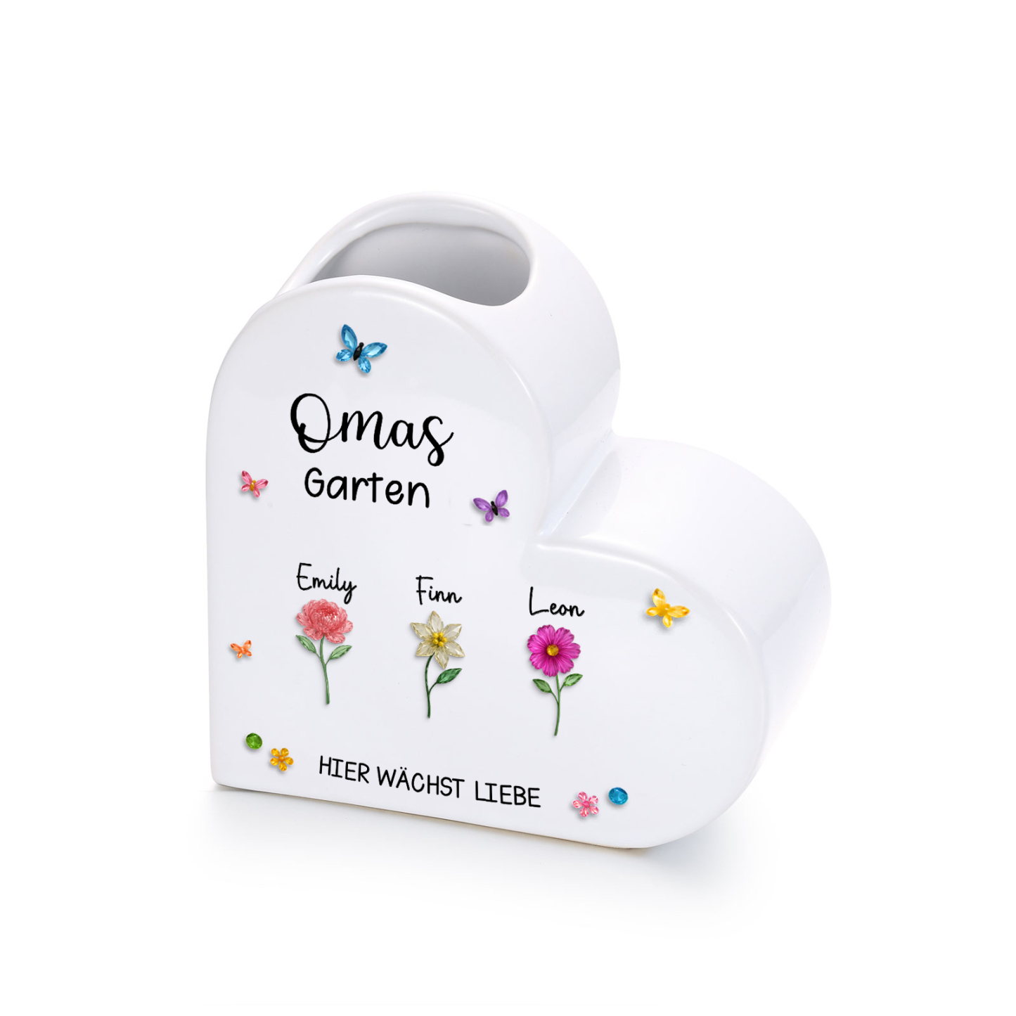 Personalisierte Keramikvase mit Herzmotiv, 1–10 Vornamen und Geburtsblumen Familiengeschenk für Mama oder Oma