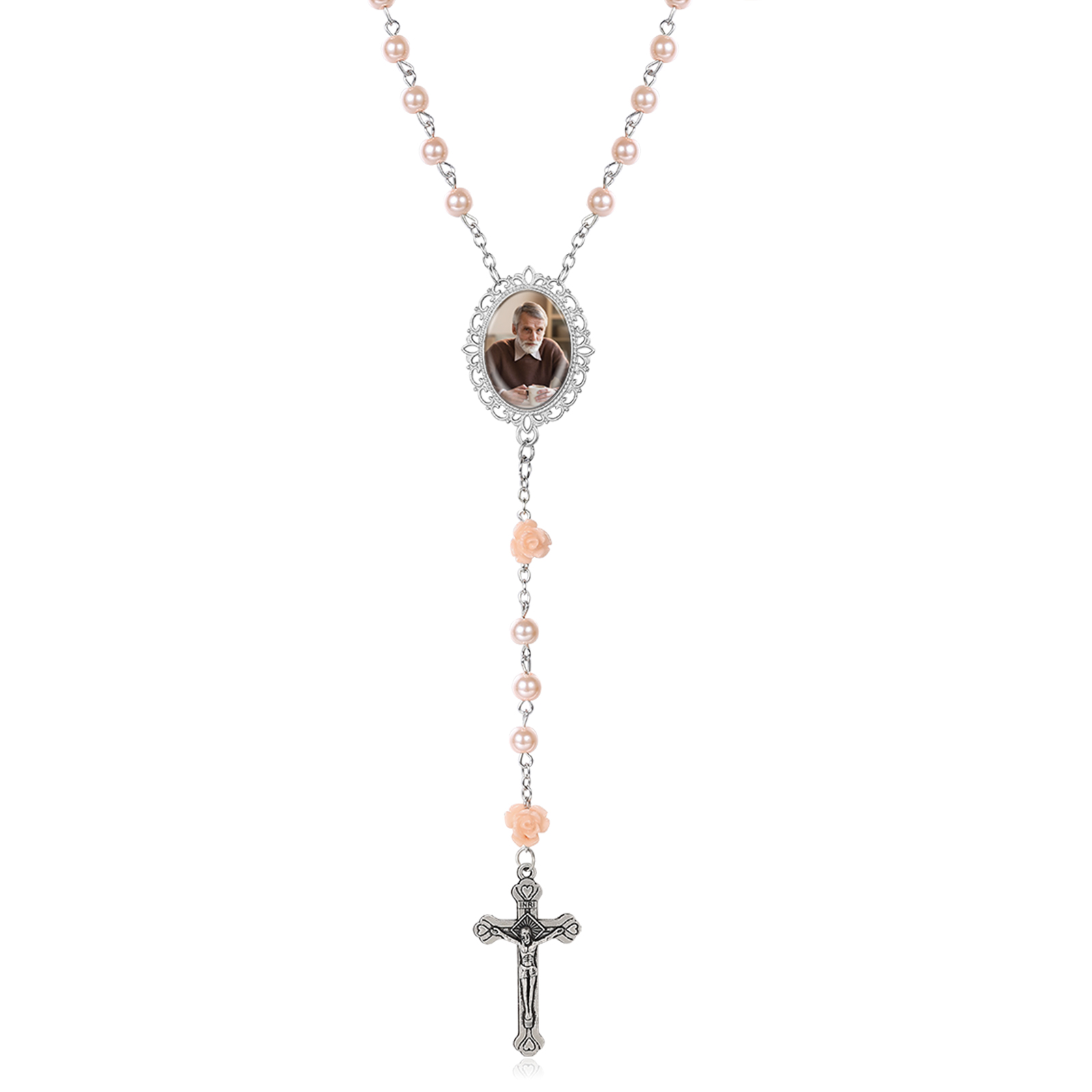 Personalisierter Rosenkranz mit Foto, Kreuz und Perlen religiöses Andenken