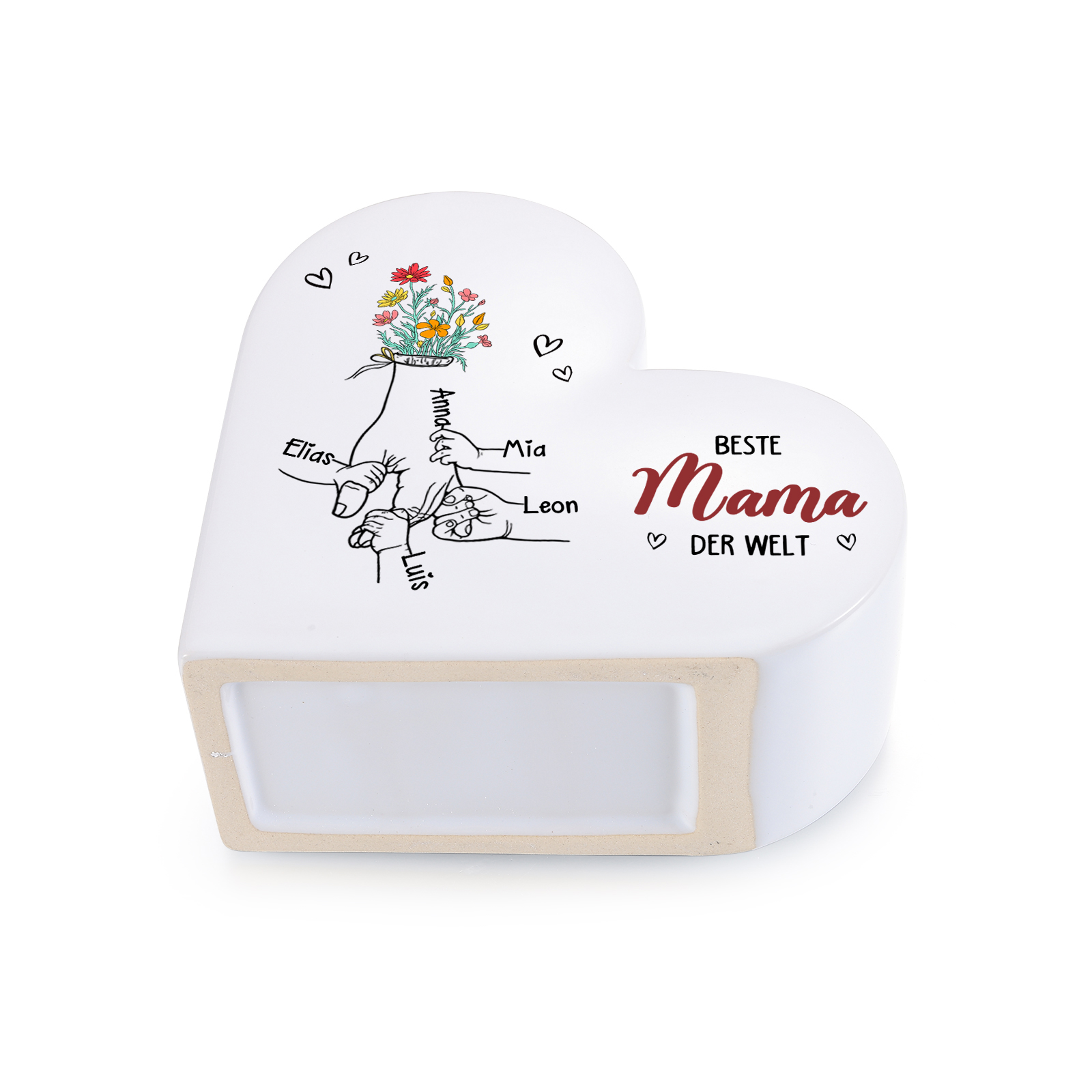 Personalisierte Keramik-Herzvase mit 2–6 Vornamen Beste Mama/Oma der Welt