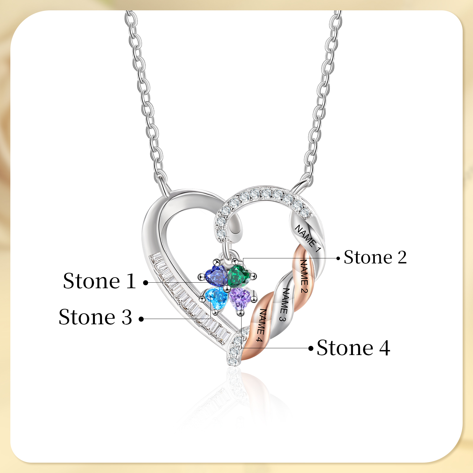 Personalisierte Herzkette mit 2–3 Geburtssteinen und Namen, Halskette