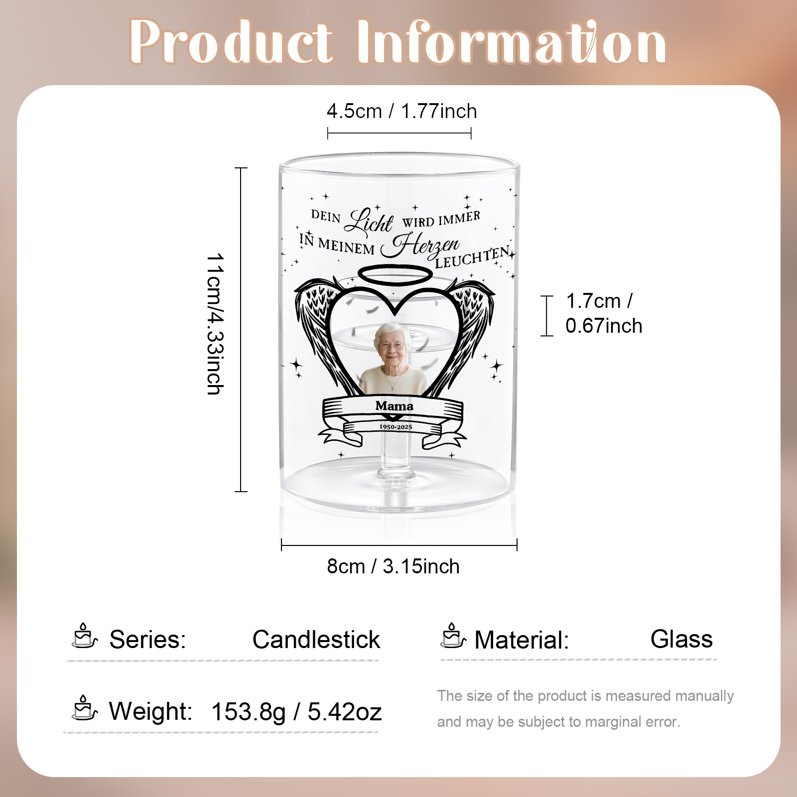 Personalisierter Gedenkkerzenhalter mit Foto und Engelsflügeln