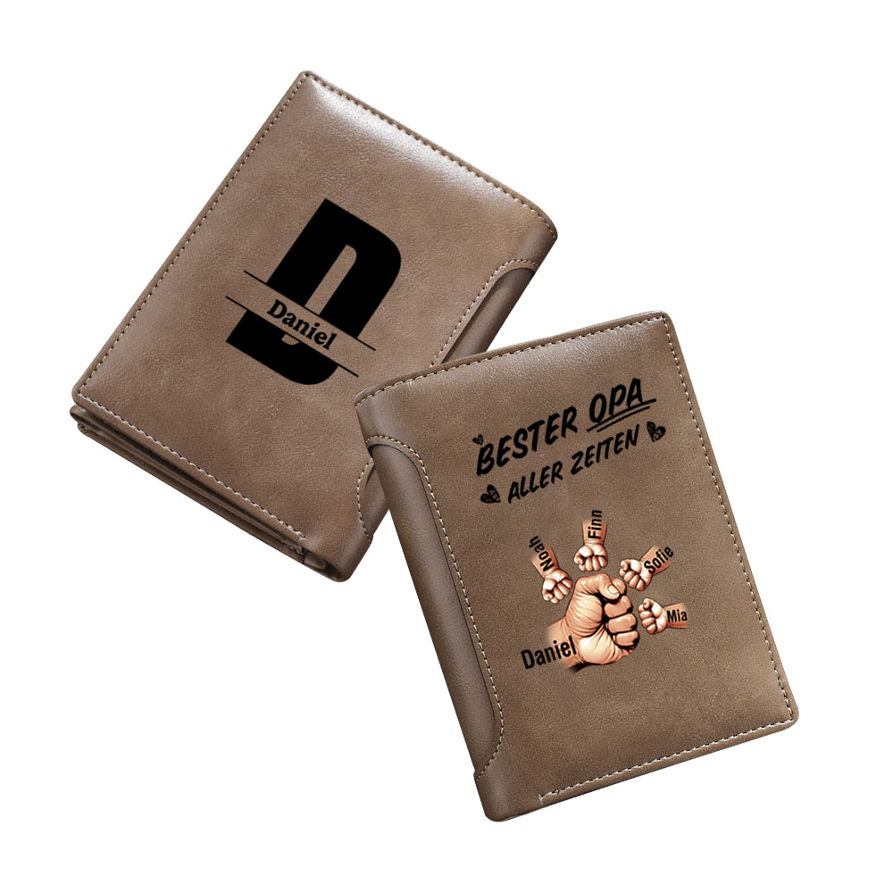 Personalisierte Herren-Geldbörse mit Kindernamen und Vater-Kind-Faustgruß – perfektes Geschenk für Papa oder Opa