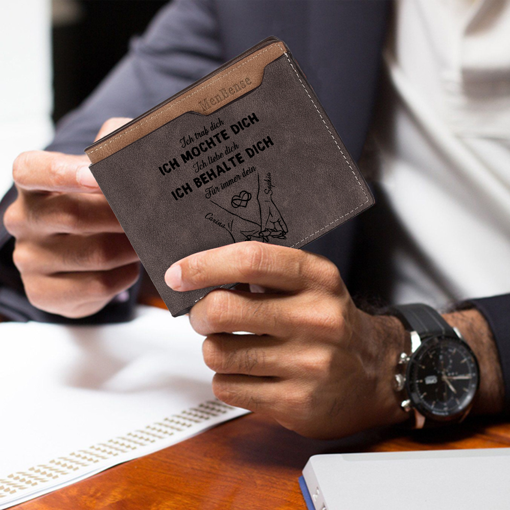 Personalisierte Lederbörse für Herren mit Gravur – Namen & Kalenderdatum und Pinky-Promise-Motiv