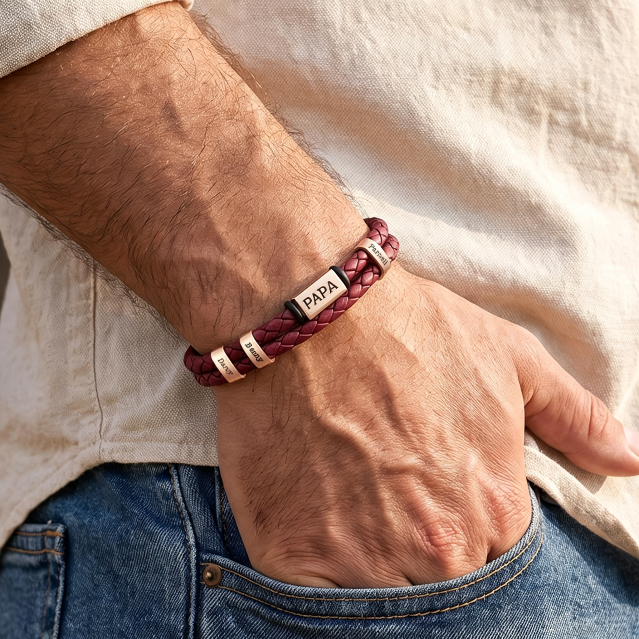 Personalisiertes Herrenarmband aus geflochtenem Kunstleder mit 1–6 Namen Geschenk für Papa