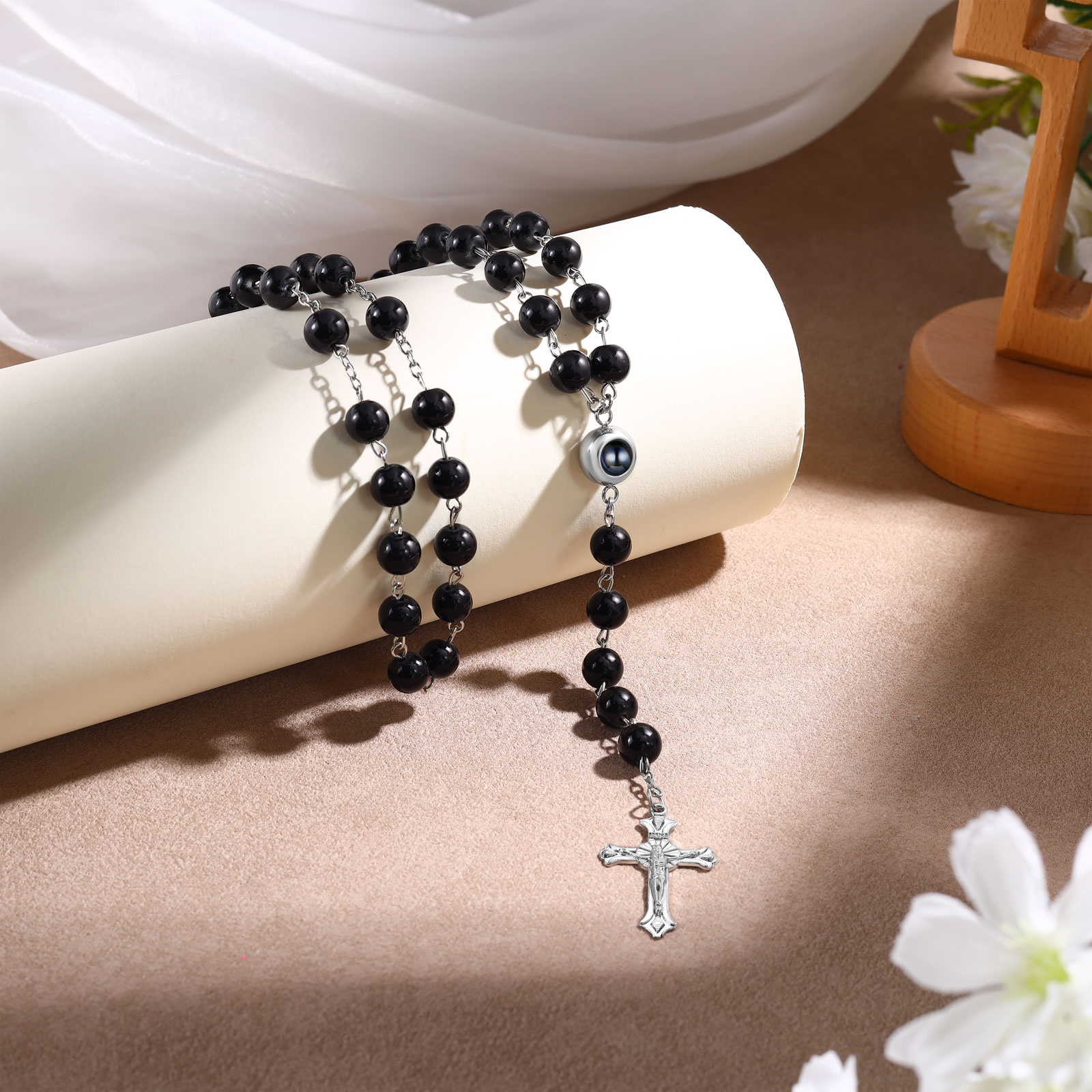 Künstliche Perlen-Halskette mit Kreuz und personalisierte Foto für Gedenken