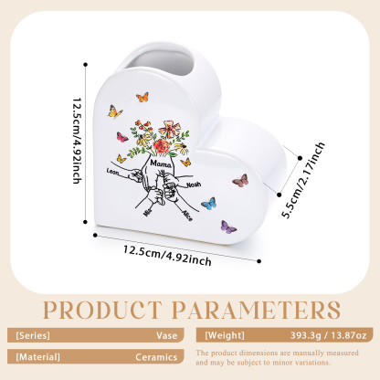 Personalisierte Keramikvase mit Herzmotiv „Hand in Hand“ und 2–8 Vornamen Geschenk für Mama oder Oma