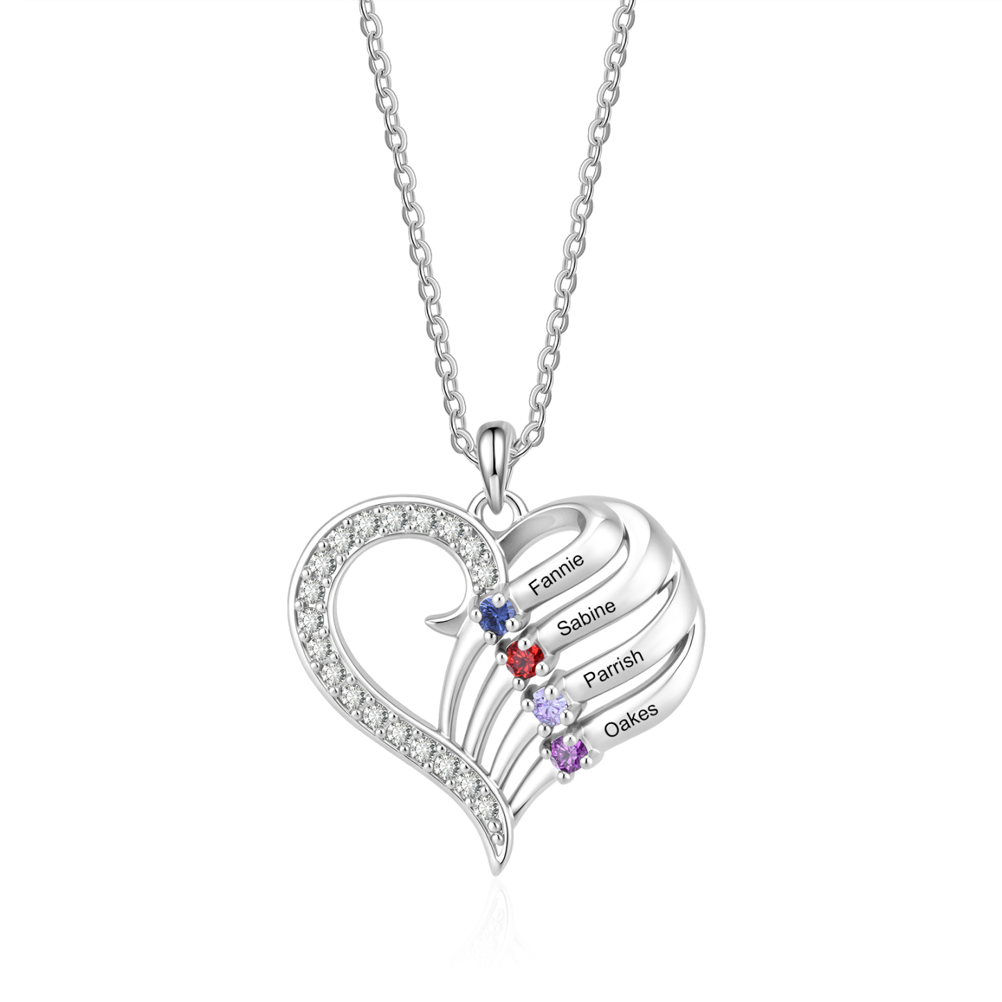 Personalisierte Herz-Halskette mit Geburtssteinen gestaltet mit 2–4 Familiennamen