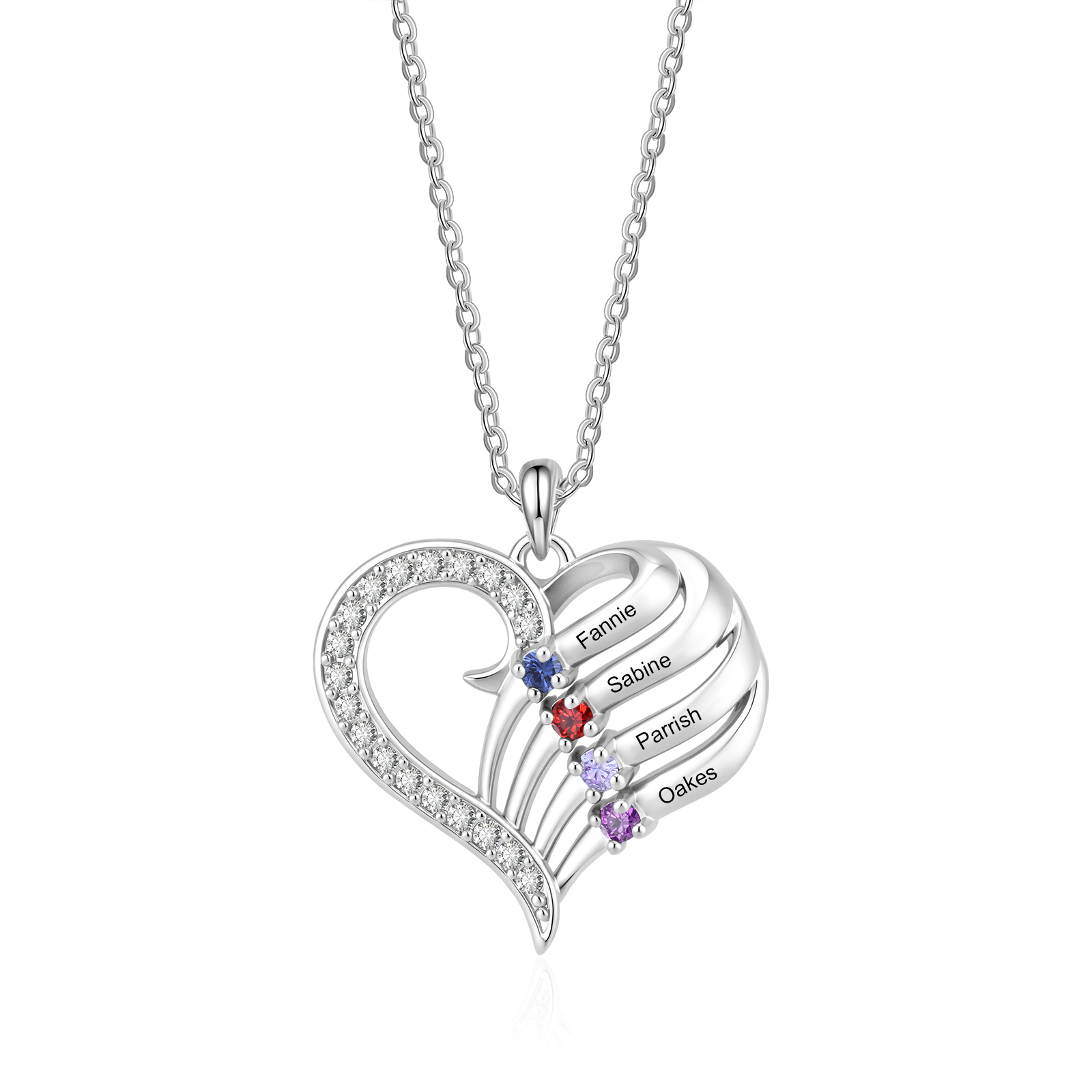 Personalisierte Herz-Halskette mit Geburtssteinen gestaltet mit 2–4 Familiennamen