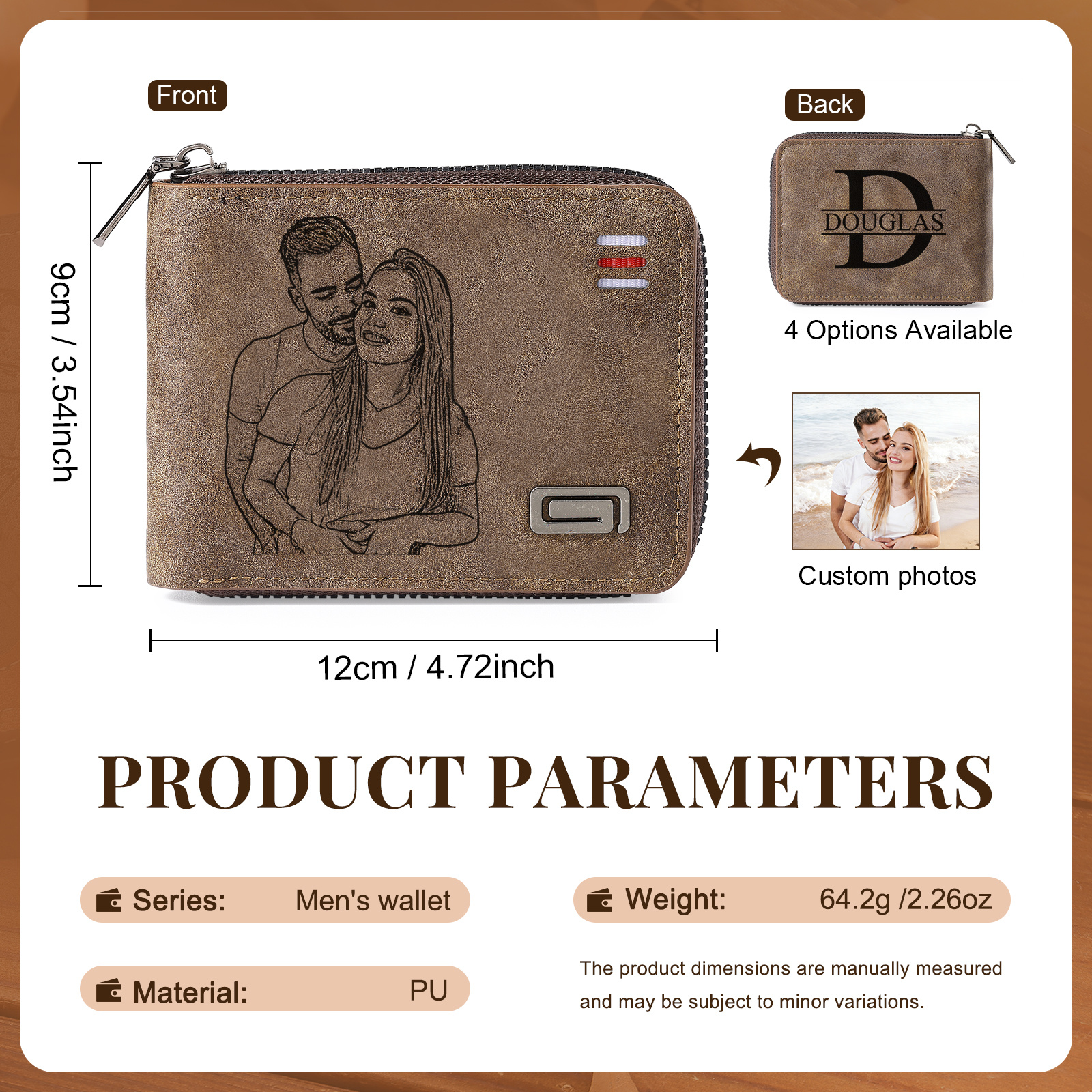 Personalisierte Herren Geldbörse aus PU‑Leder mit Reißverschluss – mit Foto, Kalender oder Namen