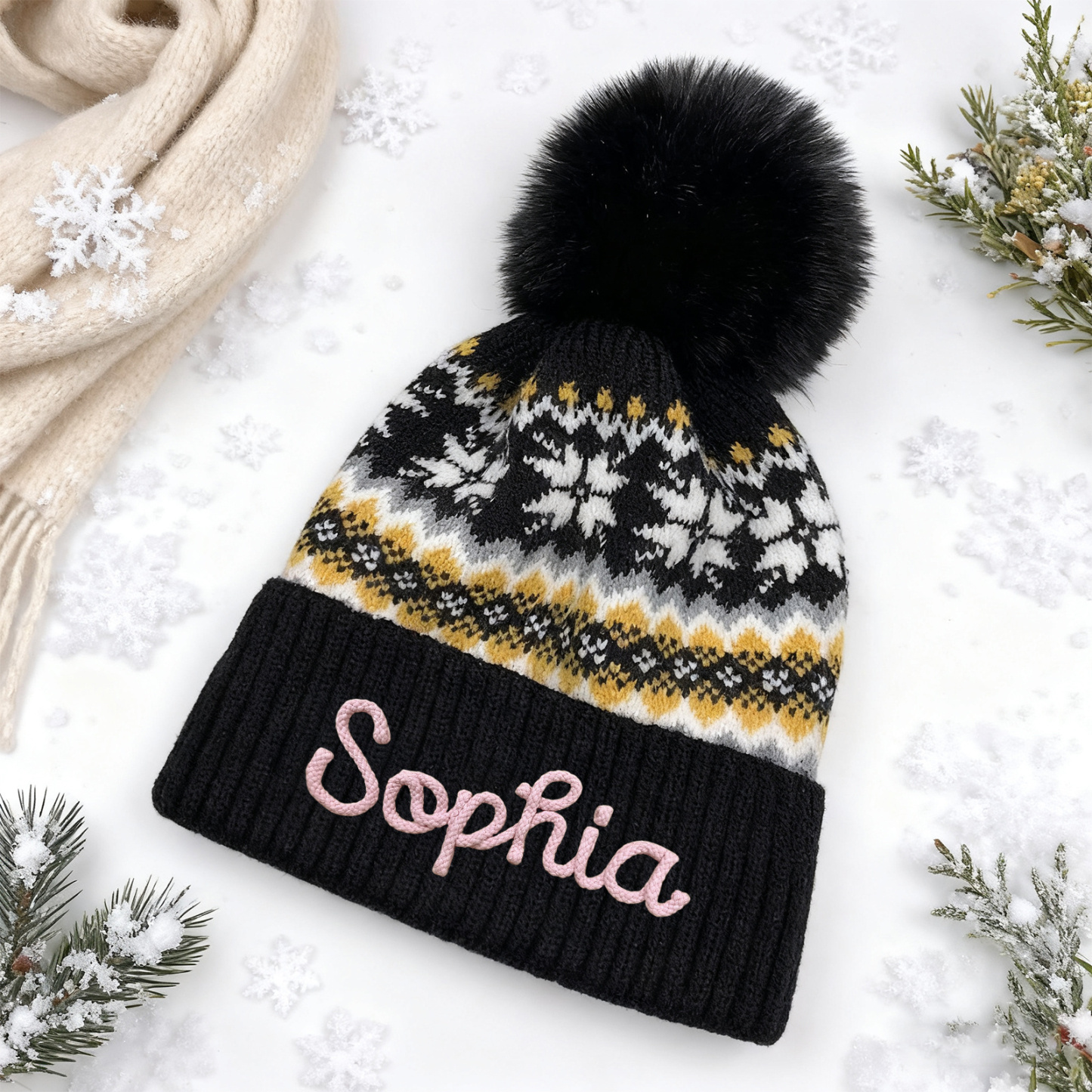 Personalisierte Strick-Bommelmütze Schneeflocken für Damen——Enthält fünf Farben