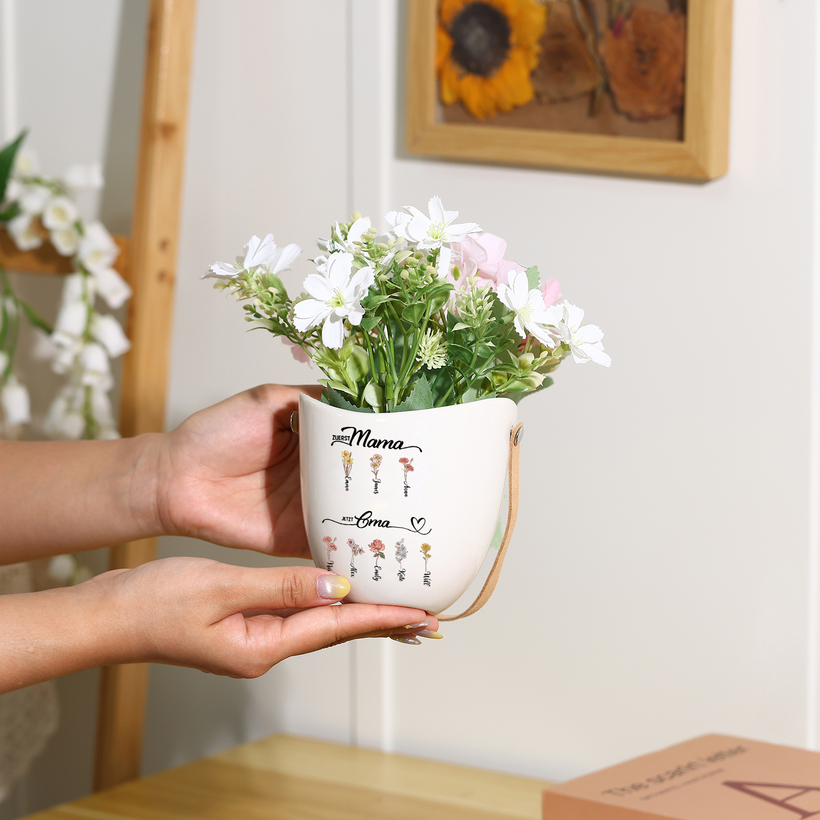 Personalised Hanging Planter Leather Strap For Mum Nan