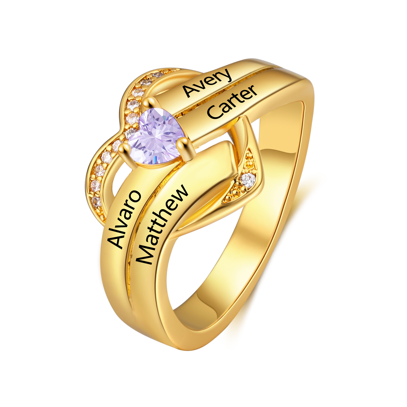Personalisierter Namensring mit Herz-Geburtsstein, vergoldet, mit bis zu 3 Namen gravierbar – Geschenk zum Jahrestag, Muttertag oder Geburtstag für Mama, Oma, Freundin oder Partnerin |Kettenmachen