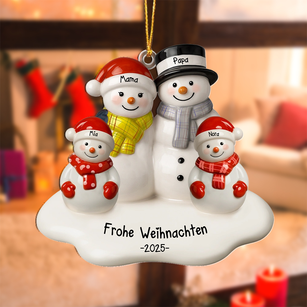 Personalisierter Weihnachtsbaumschmuck: Ein Schneemann für eine vierköpfige Familie, ein perfektes Geschenk für Ihre Lieben.