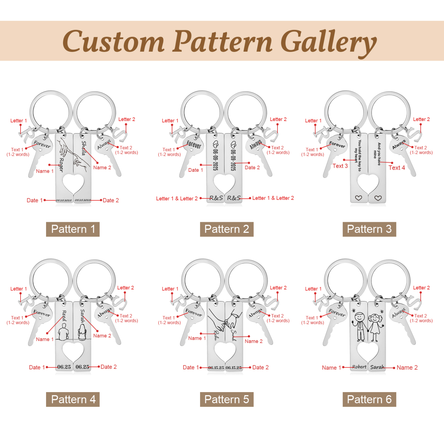 Herz-Ausschnitt Partner-Schlüsselanhänger-Set, personalisiert mit Namen und Buchstaben, Valentinstagsgeschenk